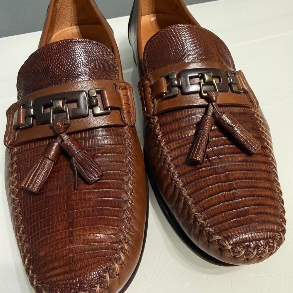 Mezlan Genuine Lizard Leather Loafers Brown Tassel Bit Dress Shoes Size 9M